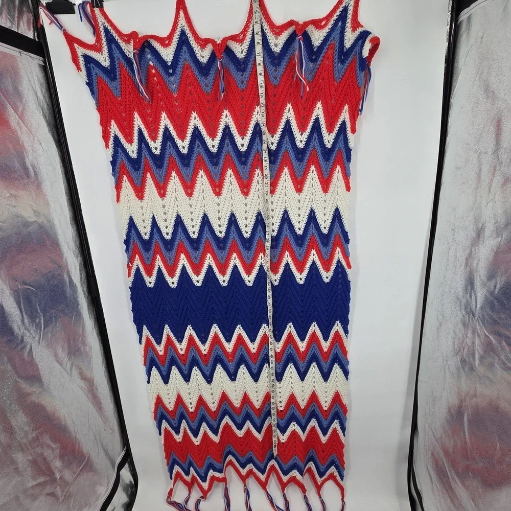 Vintage Handmade Crochet Afghan Blanket With Fringe – Red/White/Blue 72